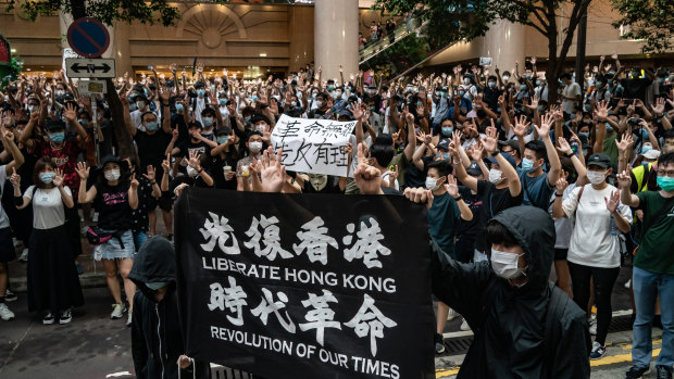 Demonstrators take part in a protest against the new national security law on July 1. 