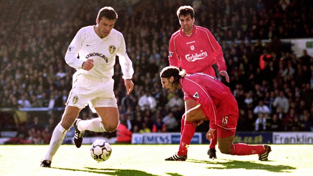 Back in the day: Markus Babbel (behind) and Liverpool teammate Patrik Berger watch on as Mark Viduka scores his third of a four-goal haul for Leeds United in November 2000.