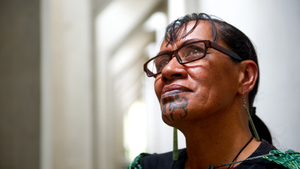 Student weaver from New Zealand Waitangi Marks at the  launch of <i>Māori Markings: Tā Moko</i> at the National Gallery of Australia. 