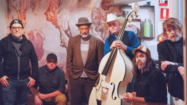 Row Jerry Crow members (left to right) Jeff Consi, John Kendall, Dion Hirini, Rob Hornbuckle, Delsinki and Paul Woseen are bringing their feel-good rockgrass to Memo Music Hall.