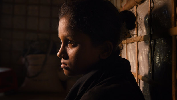 Rohingya refugee Yasmin Akhter, 13, witnessed her parents lying dead in their home in Myanmar and fled to Bangladesh. 
