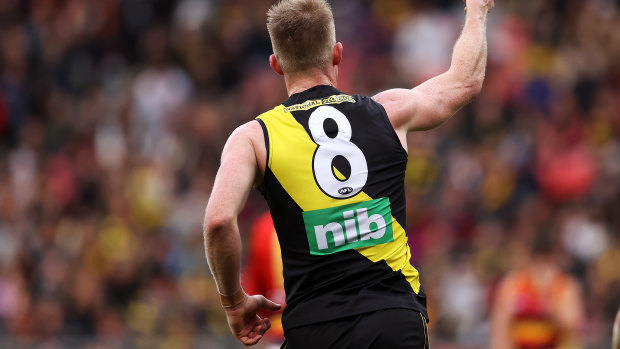 Jack Riewoldt of the Tigers celebrates kicking a goal during .