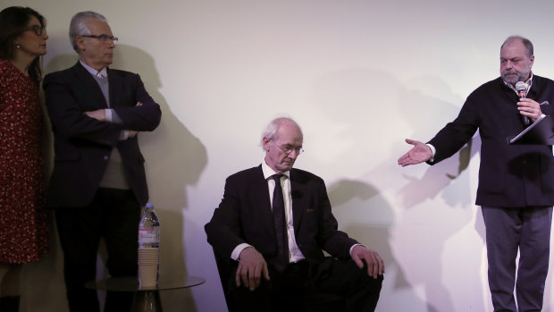 Spanish human rights lawyer and Julian Assange defence team member Baltasar Garzon, second left, John Shipton, the father of WikiLeaks founder Julian Assange, centre, and lawyer Eric Dupond-Moretti attend a press conference in Paris.