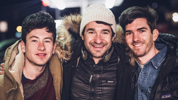 Director Bart Layton, centre, with Spencer Reinhard, right, and at left the actor who plays him in American Animals, Barry Keoghan.