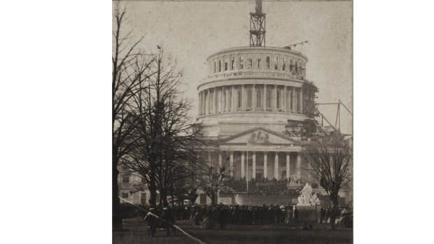 Inauguration of Abraham Lincoln at the U.S. Capitol, March 4, 1861. The dome is still under construction.