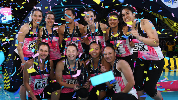 Proud winners: New Zealand players celebrate their victory after defeating Jamaica in the Fast 5 World Netball Series grand final at Hisense Arena in Melbourne.