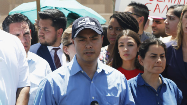 US Representative Joaquin Castro speaks alongside members of the Hispanic Caucus after touring inside of the Border Patrol station in Clint, Texas.