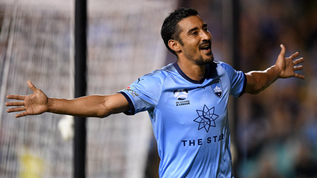 True Blue: Reza Ghoochannejhad scores his first goal for Sydney FC.