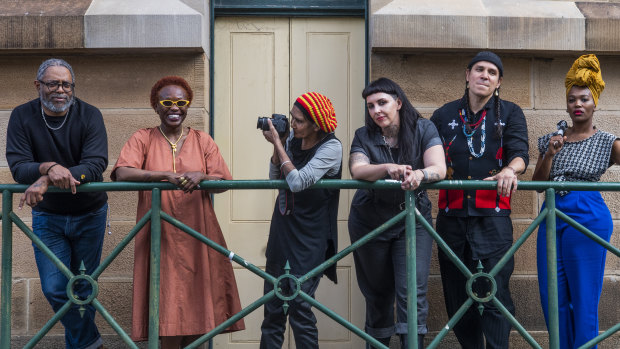 Artists Arthur Jafa, Gina Athena Ulysse, Barbara McGrady, S.J Norman, Nicholas Galanin and Lhola Amira at the announcement of artists for the Biennale of Sydney 2020 exhibition.