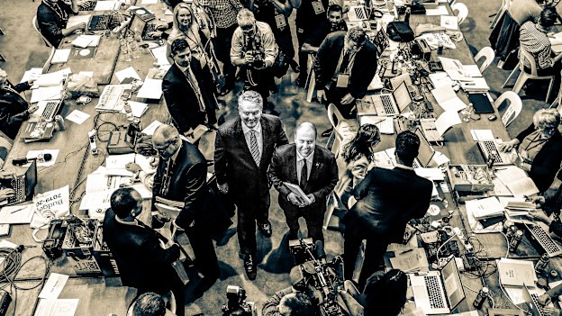 The minister for finance and the public service, Mathias Cormann, and Treasurer Josh Frydenberg during the budget lock-up at Parliament House in Canberra in 2019.