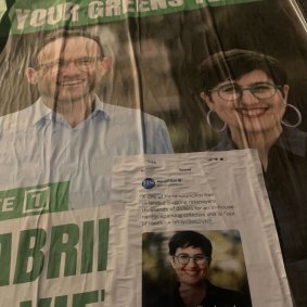 The Greens candidate’s posters have been defaced with an image of a Herald Sun twitter post.