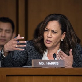 Senator Harris questions former FBI director James Comey about a series of conversations with President Donald Trump as he testifies before the Senate Select Committee on Intelligence in 2017.