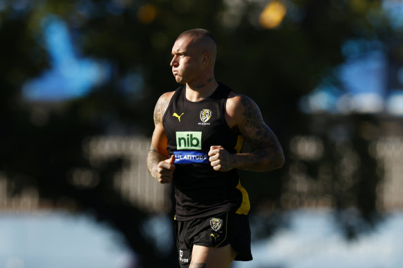 Dustin Martin ran laps at Punt Road on Saturday, but did not take part in the Tigers’ intra-club match.