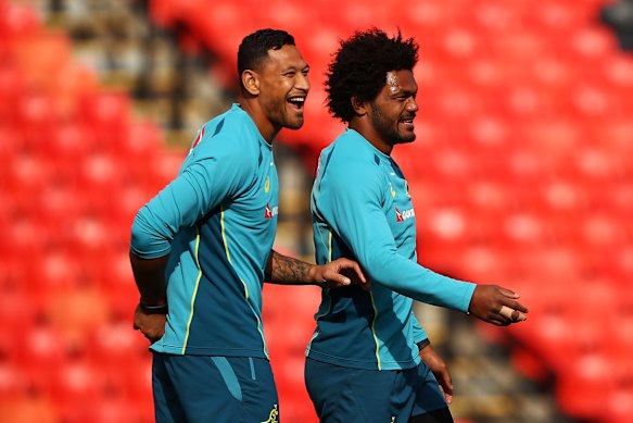 Israel Folau and Henry Speight at the Wallabies’ training session in Penrith in 2017.