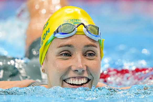 Emma McKeon after winning 50m freestyle gold on the final day of swimming in Tokyo. 