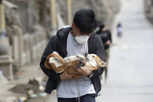 An animal rescue volunteer carries a dog found among deserted homes near the Taal volcano.