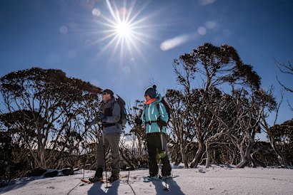 Glen Clark and Masumi Ueda snowshoeing at Hotham.