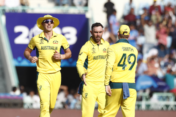Glenn Maxwell celebrates a wicket during an outstanding bowling performance