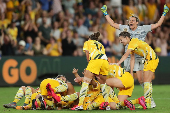 The Matildas celebrate their last-gasp equaliser against China last month. 