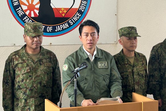 Japanese Defence Minister Shinjiro Koizumi speaks during a visit to Yonaguni last month.