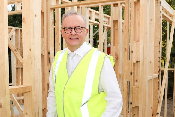 Anthony Albanese surveys a new home being built in suburban Melbourne during the election campaign. His government is on track to fall well short of its target of building 1.2 million homes.