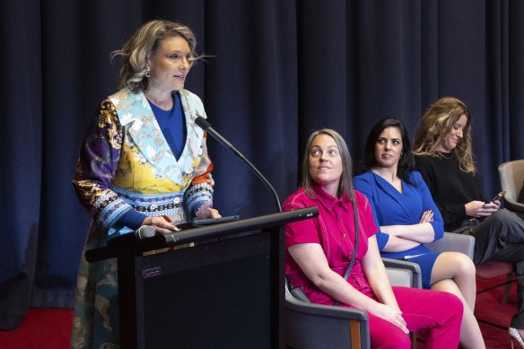 Katherine Deves speaks at Why Can’t Women Talk About Sex, as Moira Deeming (second right) watches on.