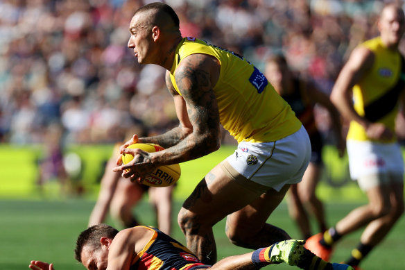 Dustin Martin in action against the Crows on Saturday.