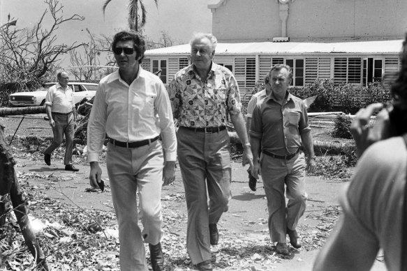 Gough Whitlam in Darwin inspecting the damage after Cyclone Tracy on 28 December 1974.