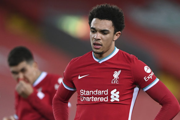 Liverpool’s Trent Alexander-Arnold reacts after another loss. 