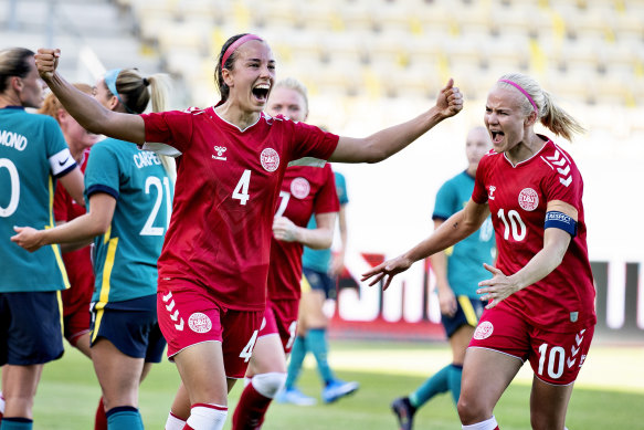 Rikke Sevecke celebrates Denmark’s second goal in the 3-2 win.