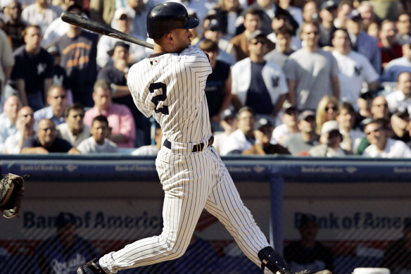 Jeter hits one of his 260 home runs, this one against the Kansas City Royals, in 2006.