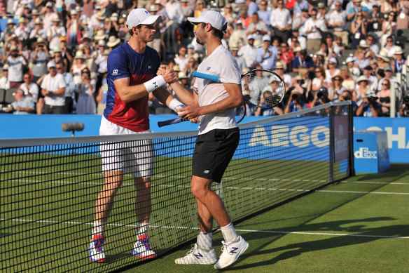 Thompson, right, in 2017 after beating Andy Murray.