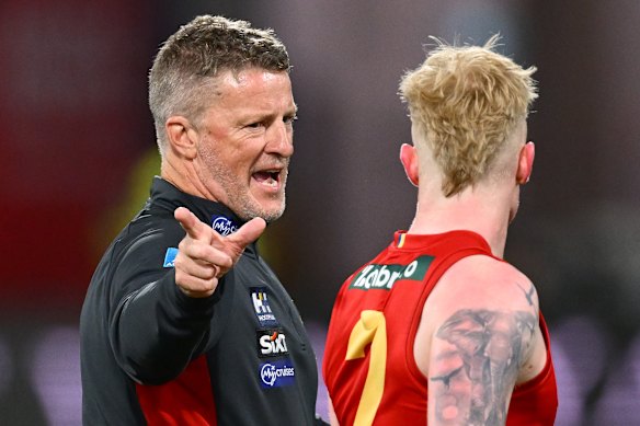 Suns coach Damien Hardwick looks frustrated during their loss to Geelong.