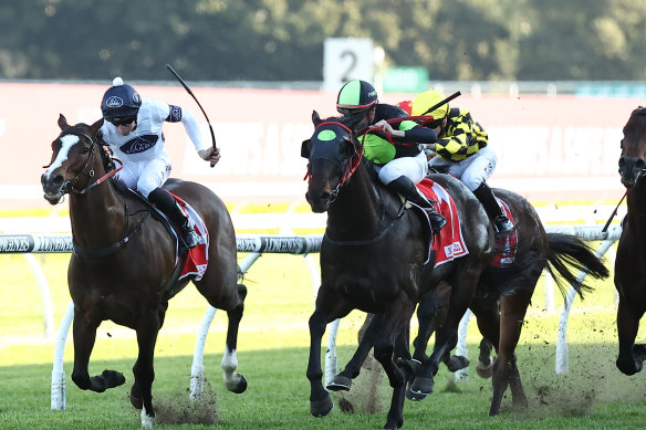 Private Eye comes down the outside  to beat Overpass in The Shorts at Randwick on Saturday.