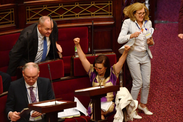 Independent upper house MP Catherine Cumming and the Reason Party’s Fiona Patten celebrate the conclusion of debate on Victoria’s pandemic bill.