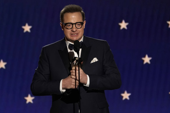 Brendan Fraser accepts the award for best actor for The Whale at the 28th annual Critics Choice Awards.