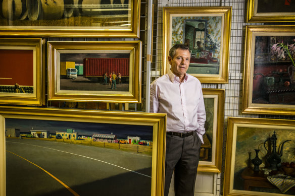 Philip Bacon at his gallery in Brisbane with works from the estates of Margaret Olley, Fred Williams and Jeffrey Smart. 