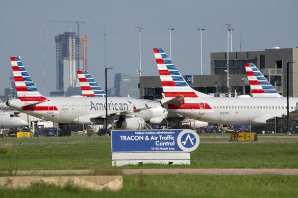 Airplanes wait on the tarmac during a power outage at Austin-Bergstrom International Airport in Austin, Texas. 