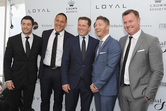 Maaates: Stefanovic, centre, with business partner Anthony Bell (far right) in 2015. Also pictured are rugby league player Anthony Minichiello, swimmer Geoff Huegill, and former cricketer Michael Clarke.