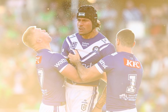 Stephen Crichton celebrates after scoring a try.