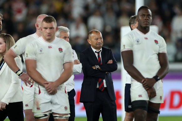 Eddie Jones looks on after England's 32-12 loss to South Africa in the 2019 Rugby World Cup final. 
