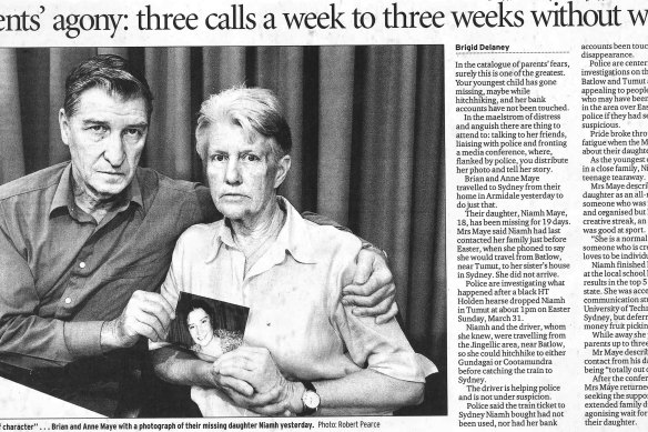 Brian and Anne Maye as they appealed for information on their daughter, in the Sydney Morning Herald on April 19th 2002