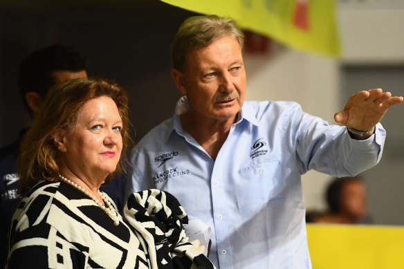 Gina Rinehart with Swimming Australia President John Bertrand at the Australian titles in 2016.