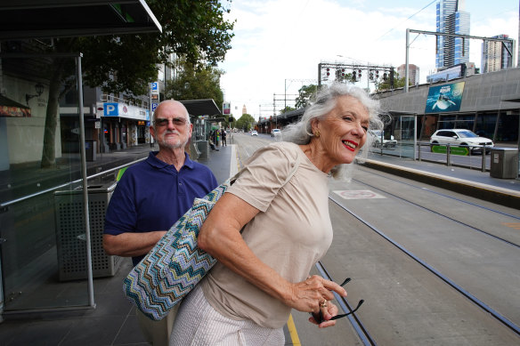 Cheryl O’Brien and Rick Best wait for the City Circle tram on Thursday.