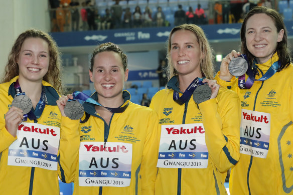 Australia's women's 4x100m medley relay team, from left, Minna Atherton, Jessica Hansen, Emma McKeon and Cate Campbell win silver at the World Swimming Championships.
