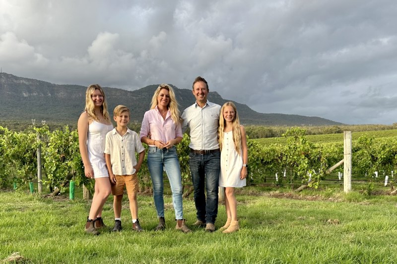 David (second from the right) and Amy McWilliam (centre) are rebuilding the family’s winemaking legacy.