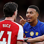 Morgan Rogers of Chelsea reacts with Declan Rice of Arsenal.