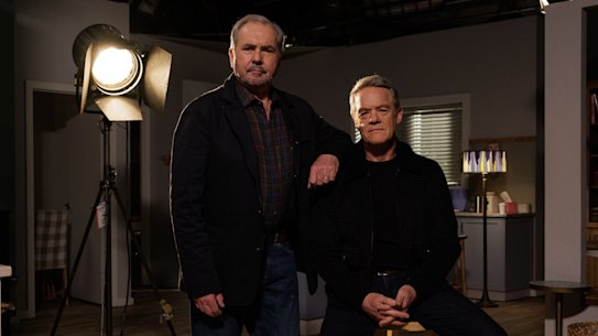 Actors Alan Fletcher and Stefan Dennis on the set of Neighbours in the final days of filming.