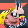 Brown does a shoey after the Taupo Super400 in New Zealand in April.