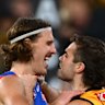 Hawthorn’s Nick Watson clashes with Michael Sellwood, of the Western Bulldogs.